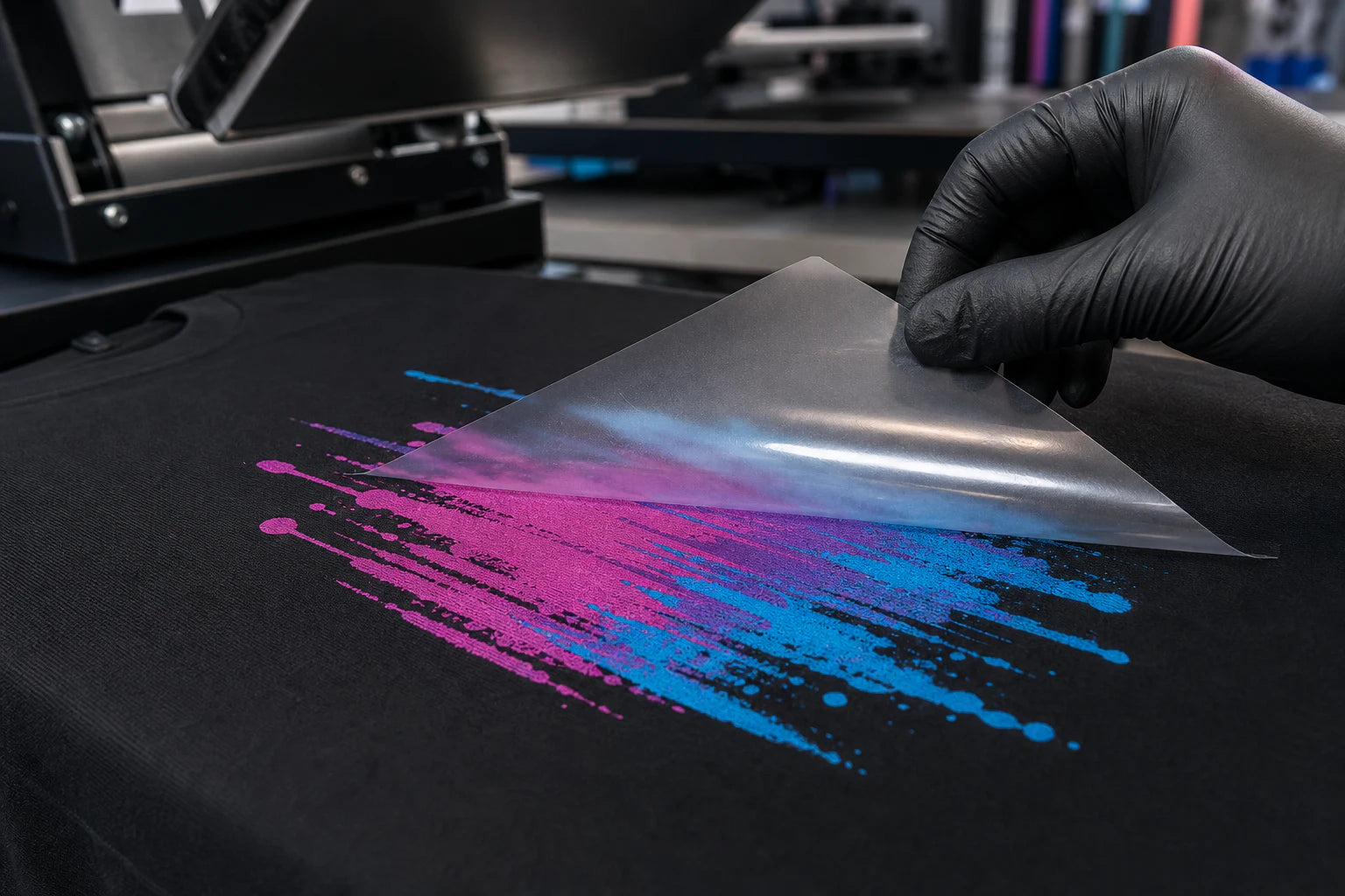 Detalle del pelado de un transfer DTF textil